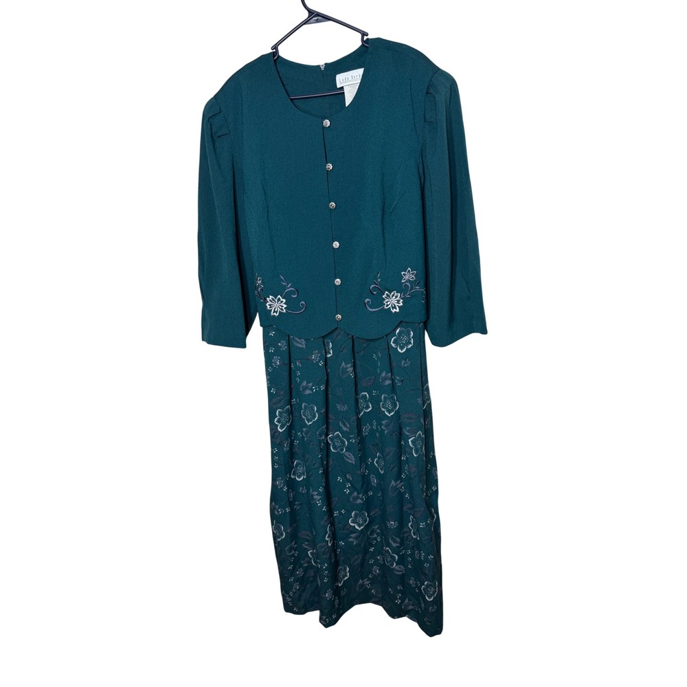 Lady Dorby Green Floral One Piece Maxi Dress Embroidered Vintage Womens 24W